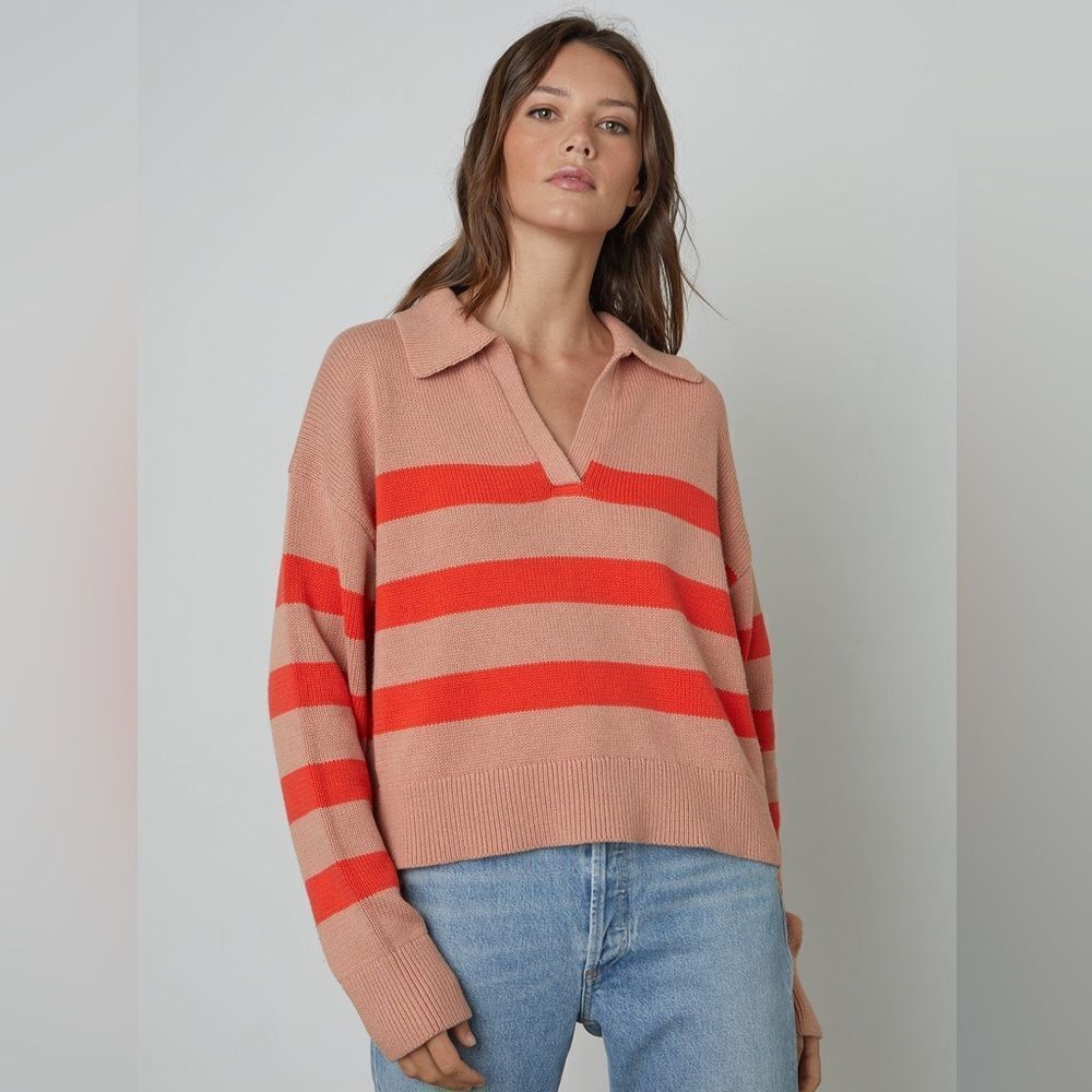 NWT VELVET BY GRAHAM & SPENCER LUCIE STRIPED POLO SWEATER PINK/FLAME XL